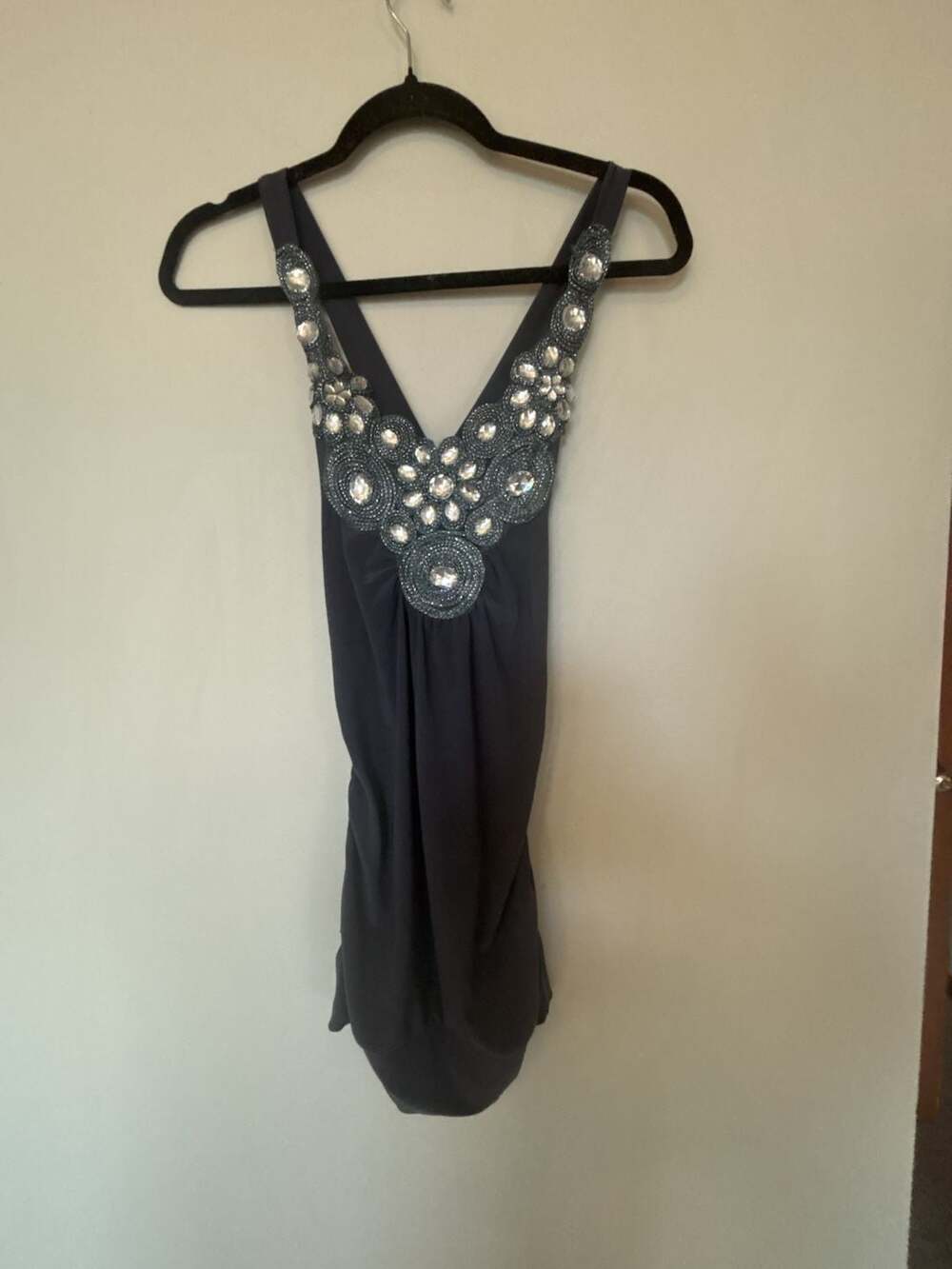 deb Gray Rhinestone Embellished Ruched V-Neck Tank Top